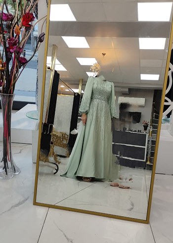 İşlemeli Uzun Kollu Yeşil Abiye Elbise - Görsel 2