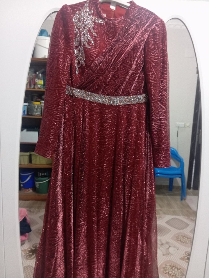 Bordo Parlak Uzun Kollu Bohem Elbise - Görsel 2