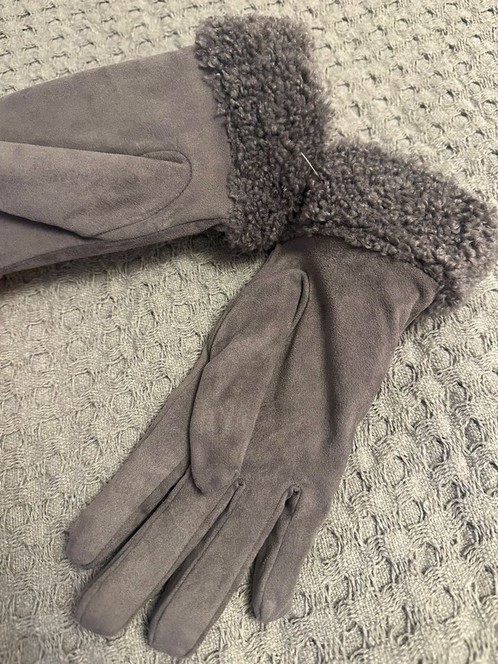 Gri Süet Kadın Eldiven, Kürklü Detaylı - Görsel 3