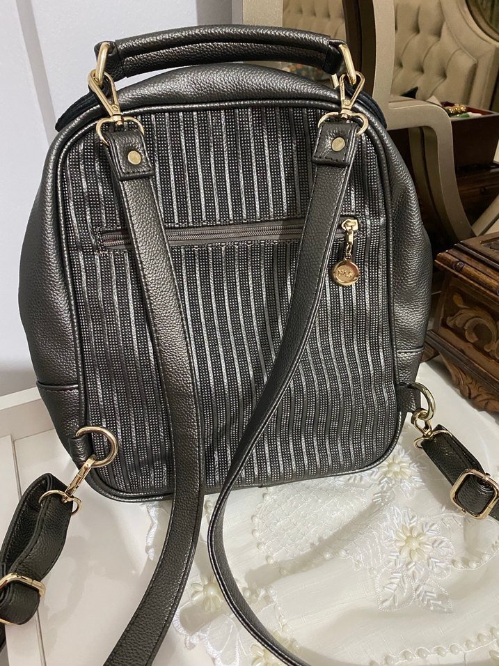 Kadın Siyah Deri Sırt Çantası Çizgili - Görsel 5