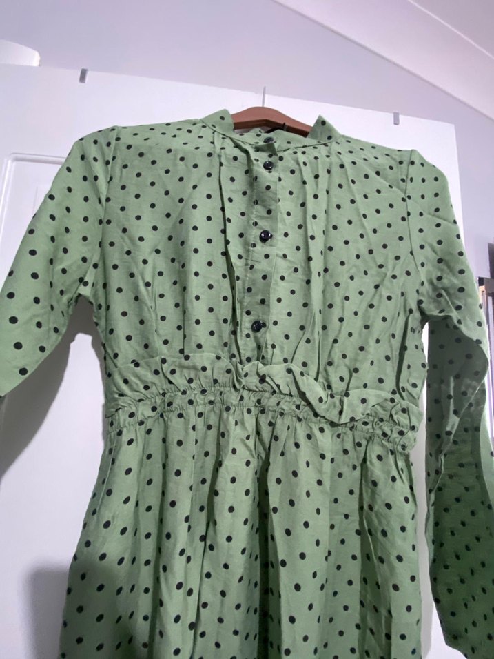 Uzun Kollu Yeşil Puantiyeli Bohem Elbise - Görsel 2