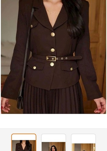 Kemerli Kahverengi Deri Kadın Blazer - Görsel 2