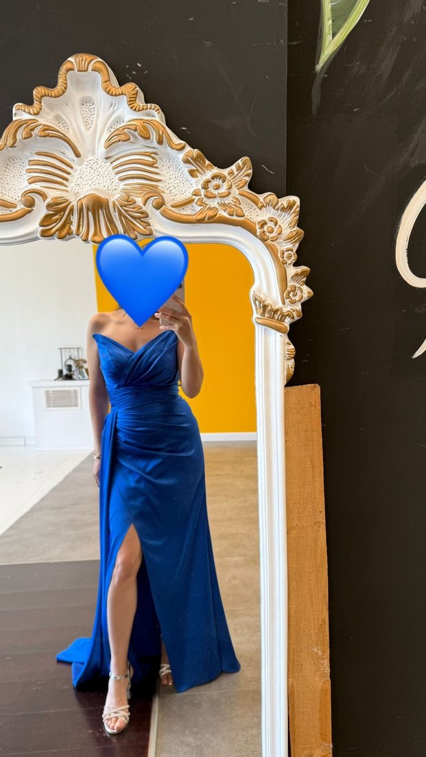 Mavi Drapeli Uzun Straplez Abiye Elbise - Görsel 2