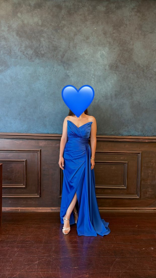 Mavi Drapeli Uzun Straplez Abiye Elbise - Görsel 3