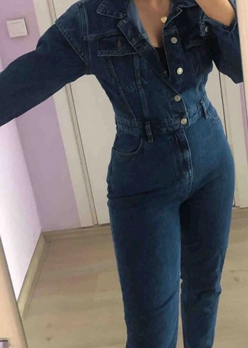diğer Beden Kadın Lacivert Düğmeli Kot Tulum