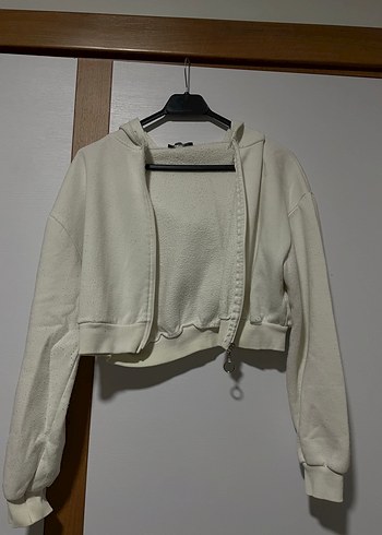 Beyaz Kısa Kesim Kapüşonlu Sweatshirt/Hırka