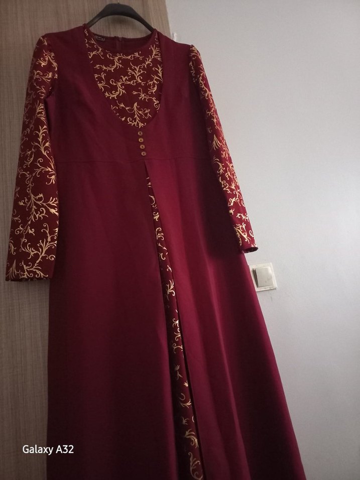 Bordo Nakışlı Uzun Kollu Henna Elbise - Görsel 2