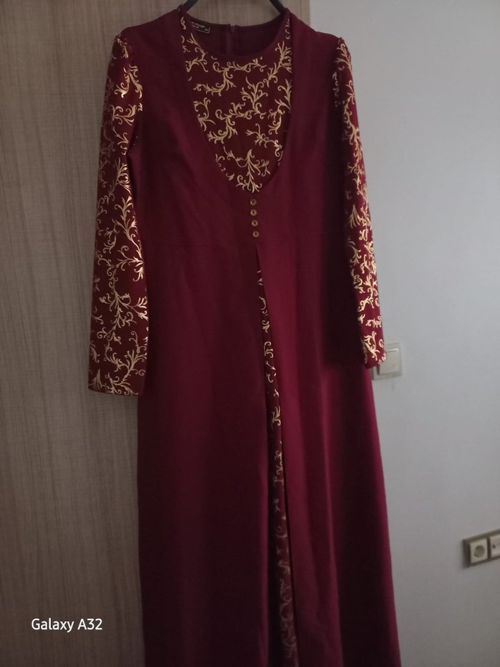 Bordo Nakışlı Uzun Kollu Henna Elbise - Görsel 3