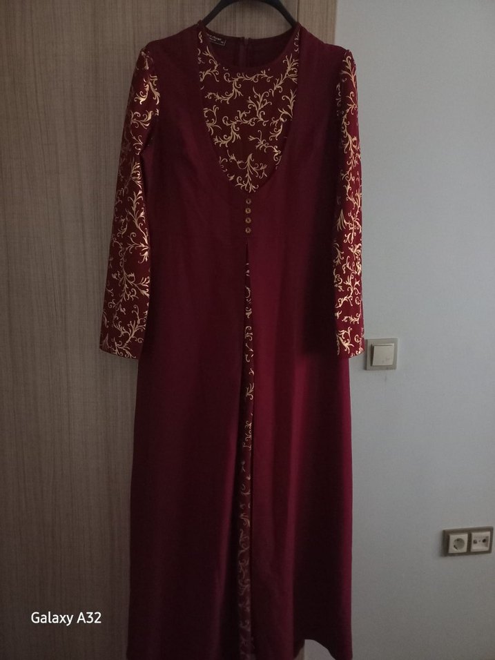 Bordo Nakışlı Uzun Kollu Henna Elbise - Görsel 4