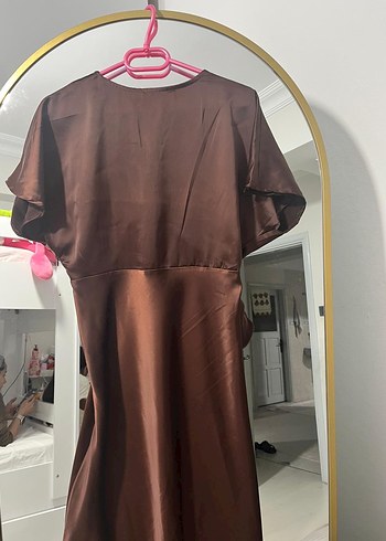 V Yaka Kahverengi Midi Kadın Mezuniyet Elbisesi saten abiye - Görsel 2