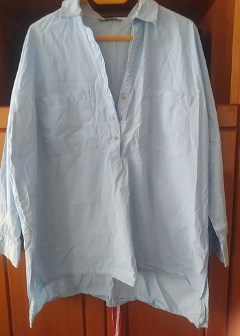 Mavi Keten Uzun Kollu Salaş Gömlek - Görsel 4