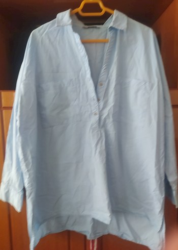 Mavi Keten Uzun Kollu Salaş Gömlek - Görsel 3