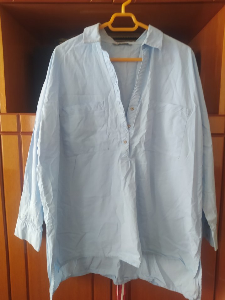 Mavi Keten Uzun Kollu Salaş Gömlek - Görsel 2