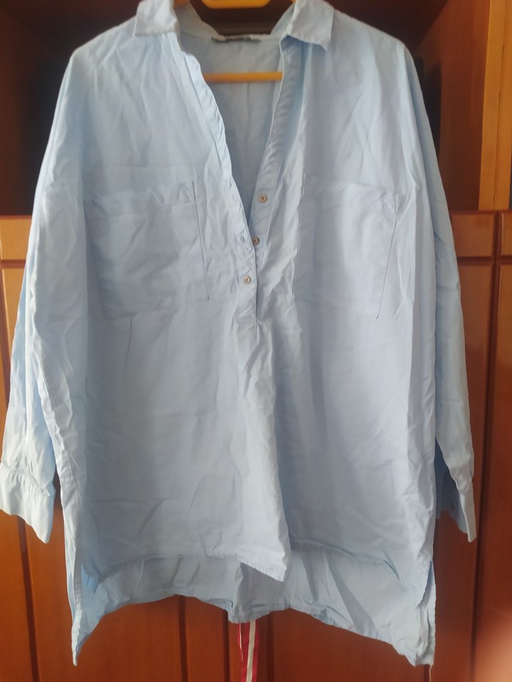 Mavi Keten Uzun Kollu Salaş Gömlek - Görsel 4