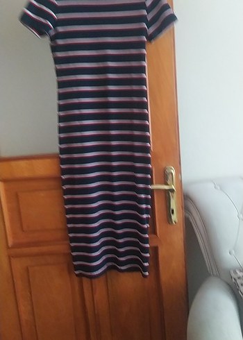 Çizgili Kısa Kollu Uzun Elbise - Görsel 3