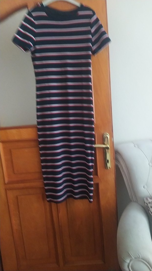 Çizgili Kısa Kollu Uzun Elbise - Görsel 3