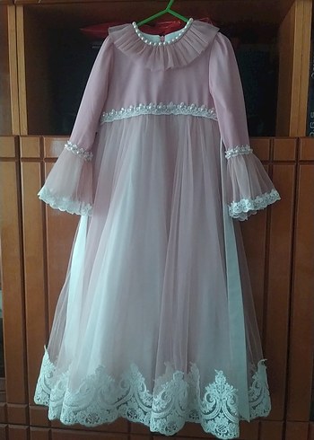 Uzun Kollu Pudra Kız Çocuk abiye Elbise - Görsel 2