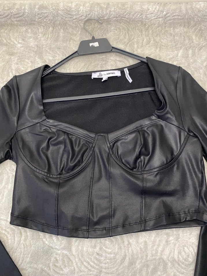 Siyah Deri crop Bluz - Görsel 2