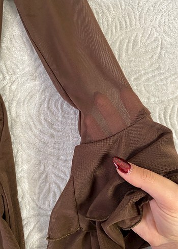 Toka detaylı Kahverengi  Mini Elbise - Görsel 4