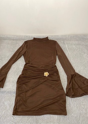 Toka detaylı Kahverengi  Mini Elbise - Görsel 2