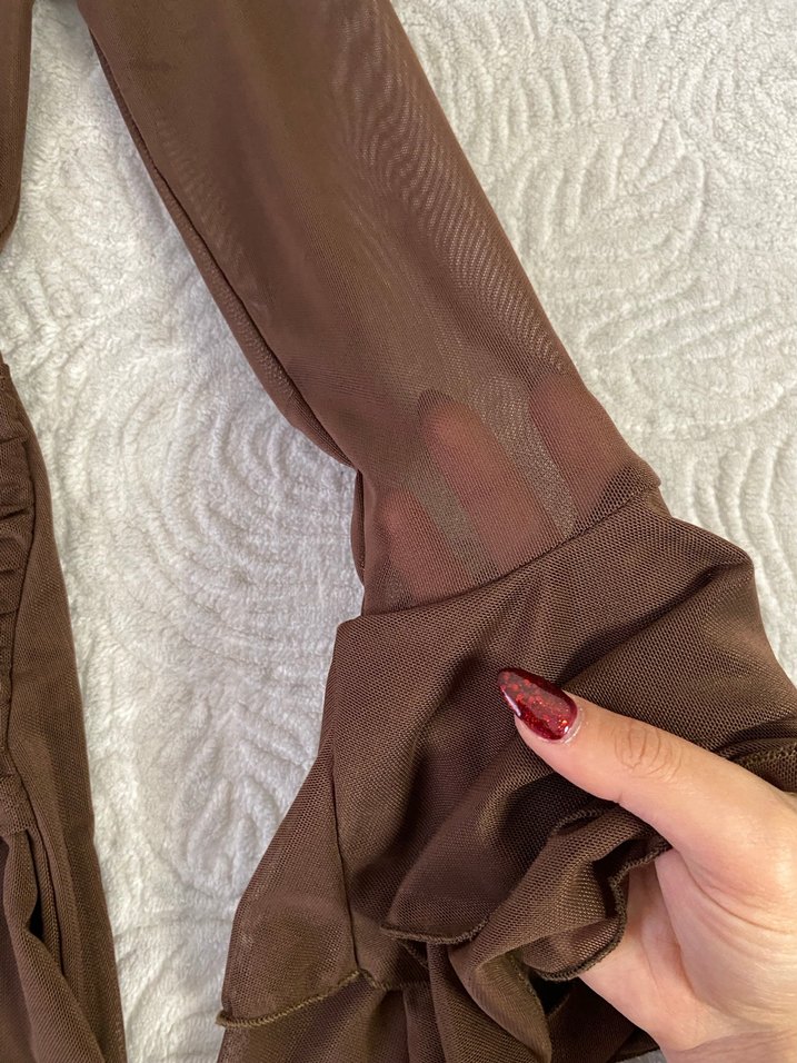 Toka detaylı Kahverengi  Mini Elbise - Görsel 4