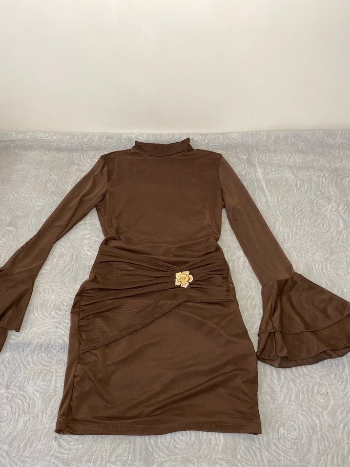 Toka detaylı Kahverengi  Mini Elbise - Görsel 2