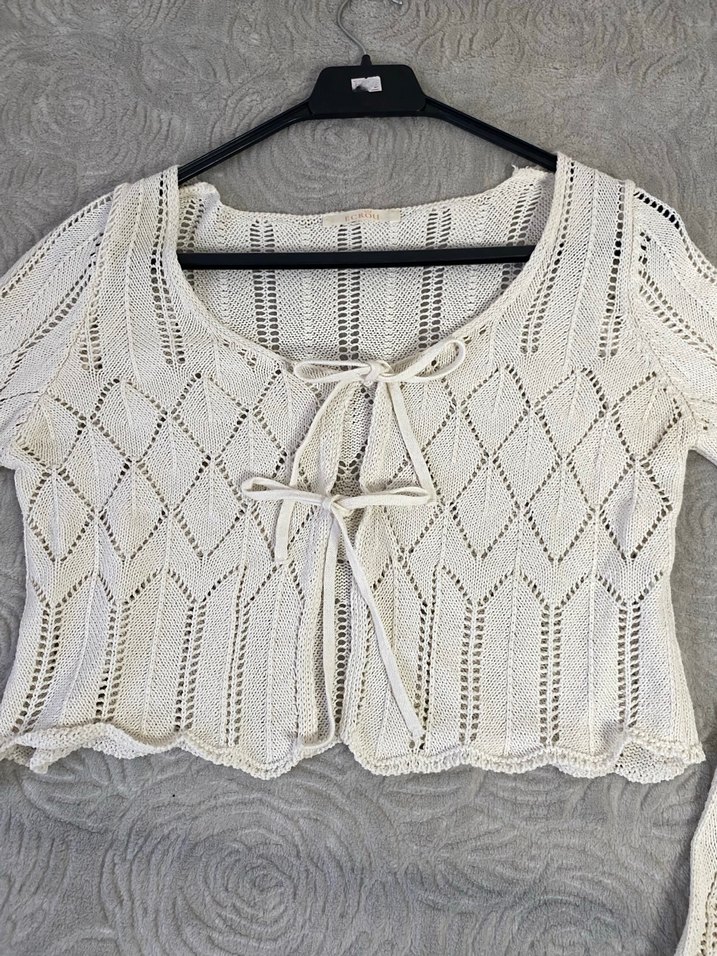 Beyaz Transparan Örgü Kadın Hırka - Görsel 3