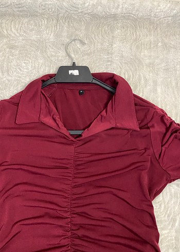 Bordo Uzun Kollu Drapeli Kadın Bluz - Görsel 2