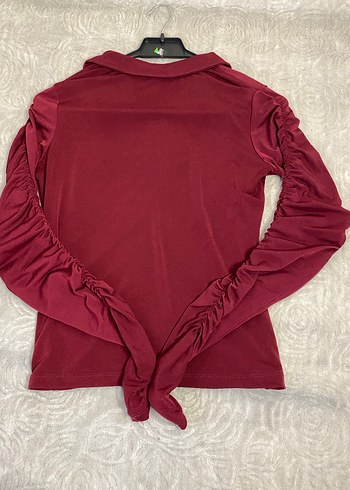 Bordo Uzun Kollu Drapeli Kadın Bluz - Görsel 5