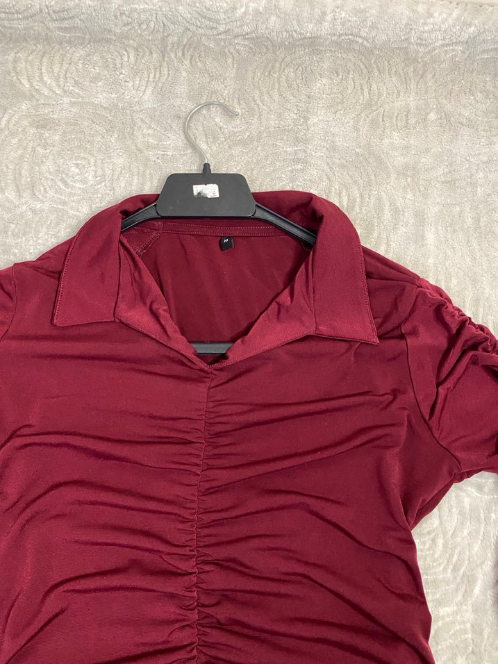 Bordo Uzun Kollu Drapeli Kadın Bluz - Görsel 2