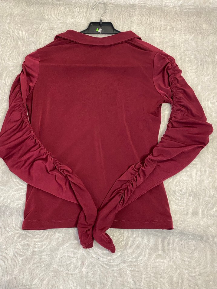 Bordo Uzun Kollu Drapeli Kadın Bluz - Görsel 5