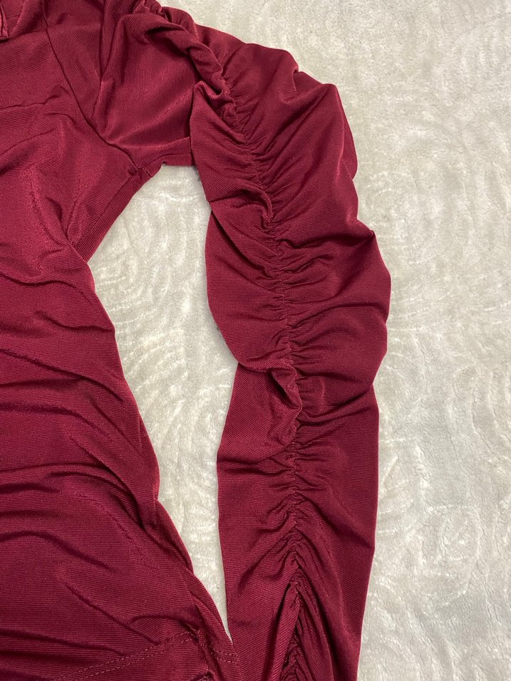 Bordo Uzun Kollu Drapeli Kadın Bluz - Görsel 4