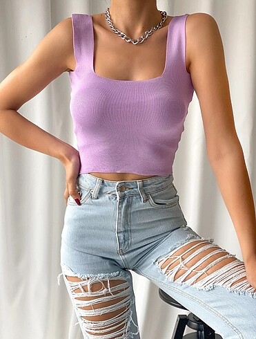 universal Beden mor Renk Kare Yaka İnce Crop Triko Bluz