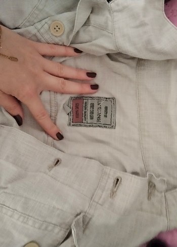 s Beden Düğmeli Bej Keten Midi Ceket