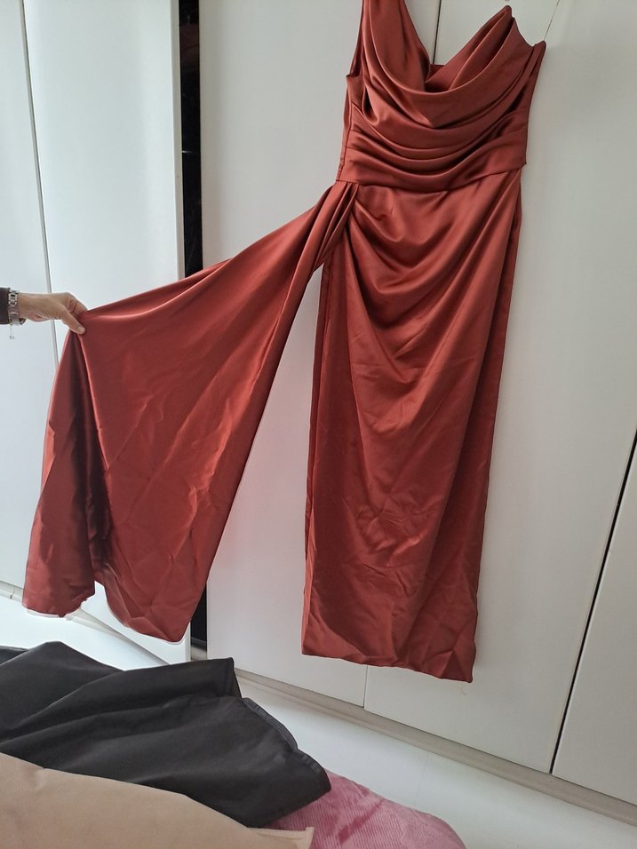 kiremit rengir romance Drapeli Uzun Abiye Elbise - Görsel 3