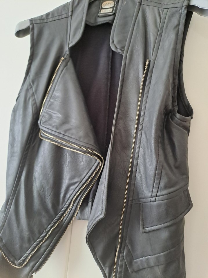 Kemerli Siyah vinleks Deri Biker Yelek - Görsel 4