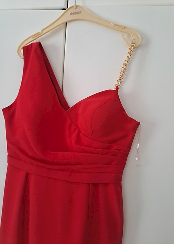 Kırmızı Drapeli V Yakalı Midi Abiye Elbise - Görsel 3