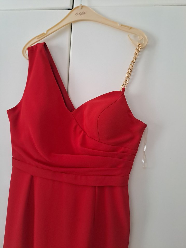 Kırmızı Drapeli V Yakalı Midi Abiye Elbise - Görsel 3