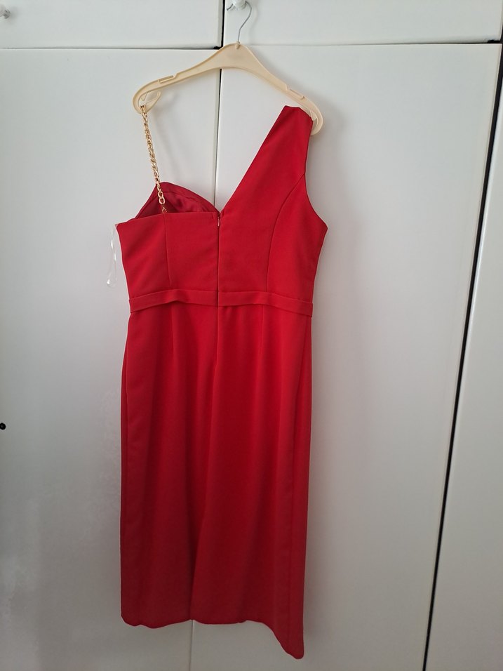 Kırmızı Drapeli V Yakalı Midi Abiye Elbise - Görsel 4