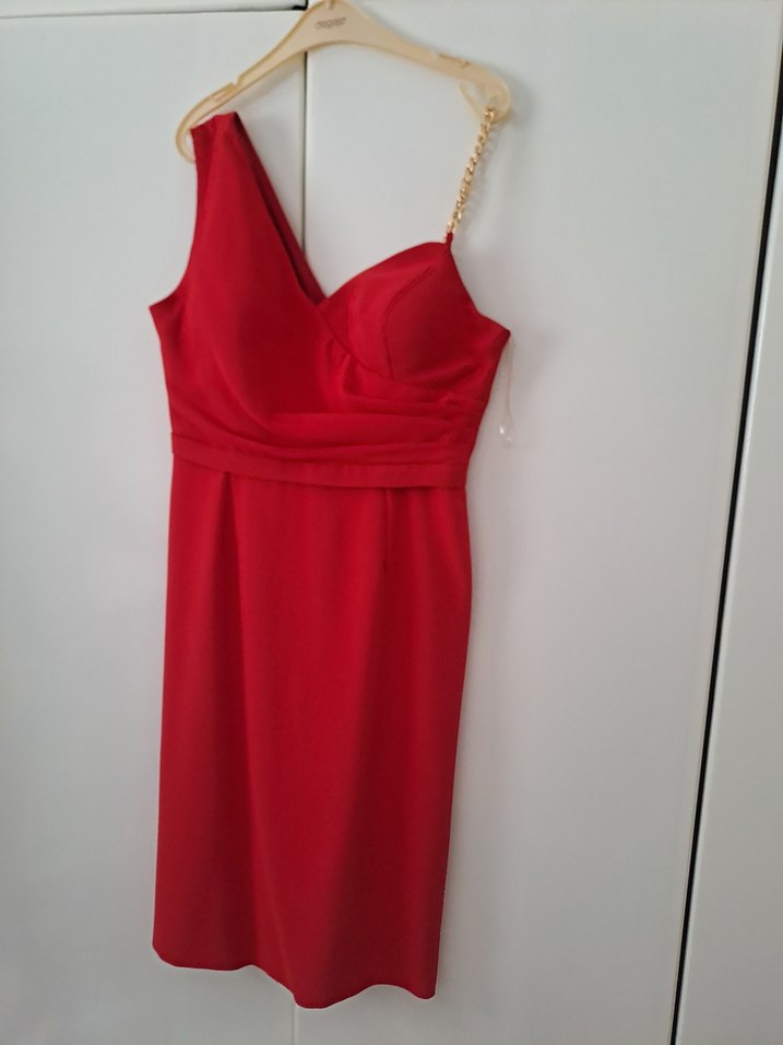 Kırmızı Drapeli V Yakalı Midi Abiye Elbise - Görsel 2