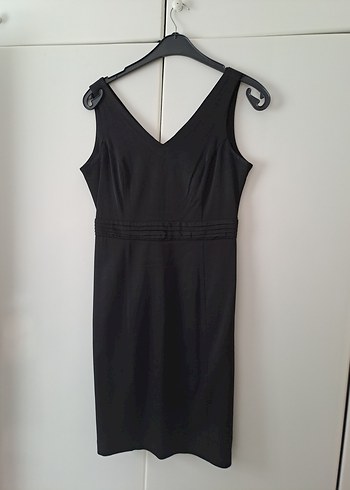 Siyah V Yakalı Drapeli Midi Elbise - Görsel 3