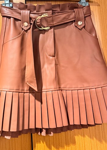 Zara Kahverengi Deri Pileli xs Mini Etek