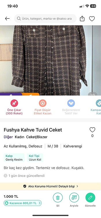 38 Beden kahverengi Renk Fushya Kahve Tuvid Ceket