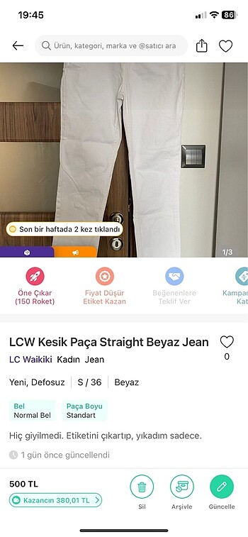 36 Beden beyaz Renk LCW Kesik Paça Beyaz Straight Jean