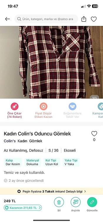 s Beden bordo Renk Kadın Colin?s Oduncu Gömlek
