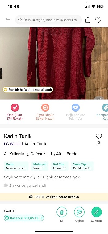 l Beden bordo Renk Kadın Bordo Triko Tunik