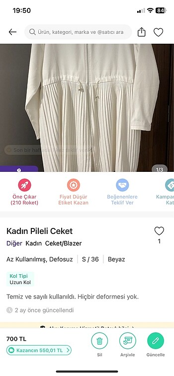 s Beden beyaz Renk Kadın Pileli Ceket