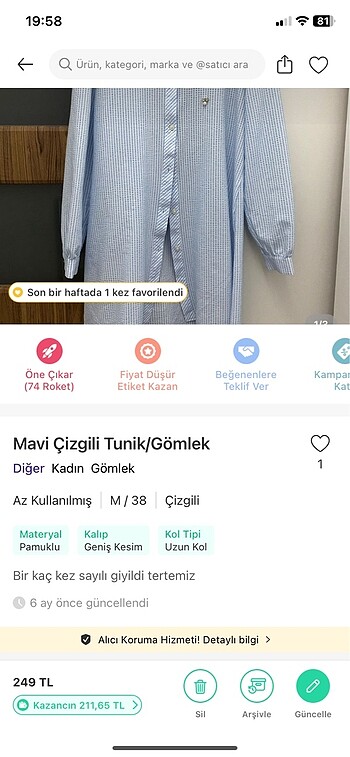 m Beden mavi Renk Mavi Çizgili Tunik/Gömlek