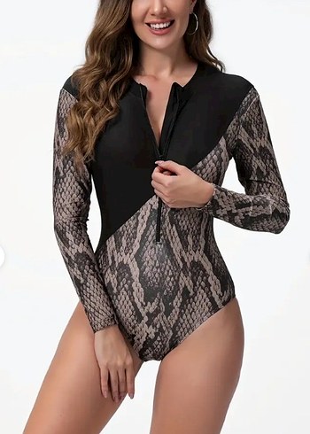 Deri Görünümlü Uzun Kollu Fermuarlı Mayo - Görsel 4