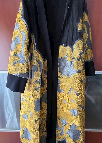 46 Beden Desenli Uzun Kadın Kimono Sarı